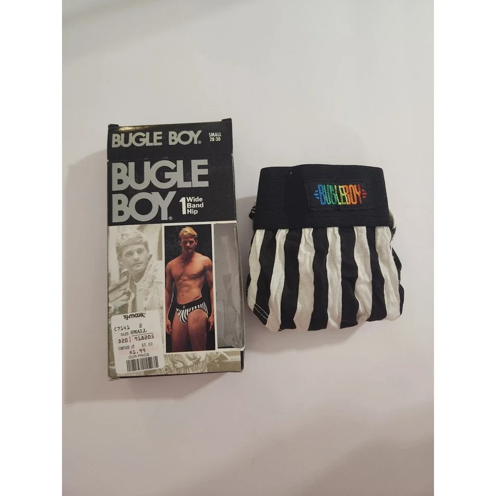 Bugle Boy‎ Briefs Black White Striped Wide Band Hip Vintage Small 28-30
